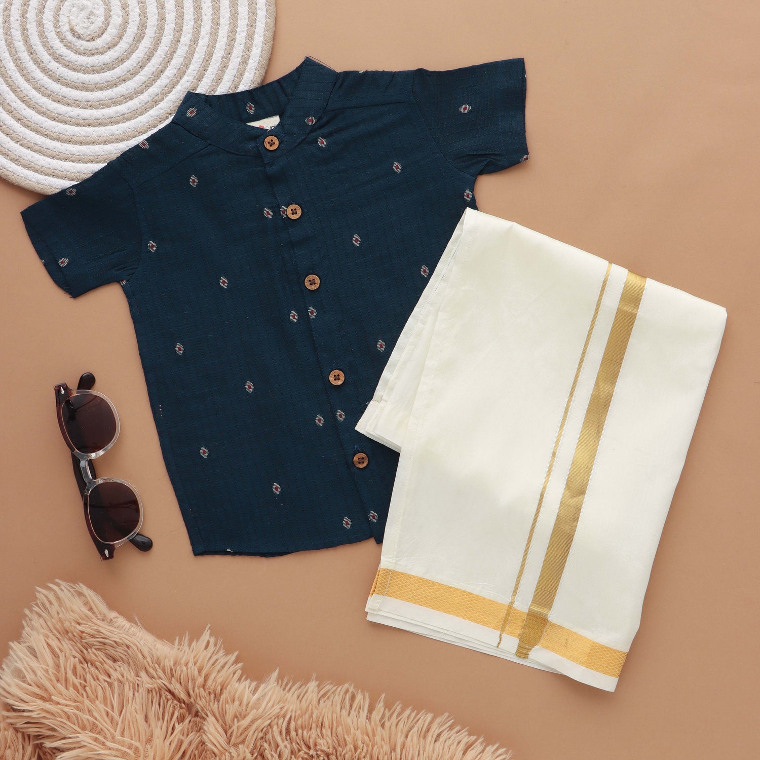 Traditional silk shirt & dhoti set for boys with Mandarin collar. Ages 6M–5Y. Perfect festive & wedding wear from Boon Babies.
