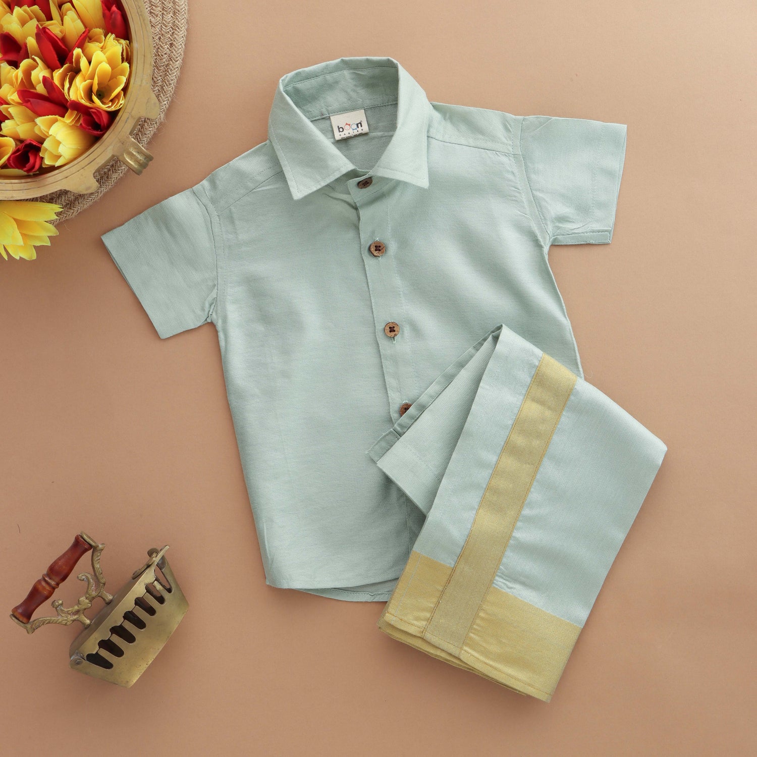 Mint Aura: Traditional Boys Set with Golden Accents