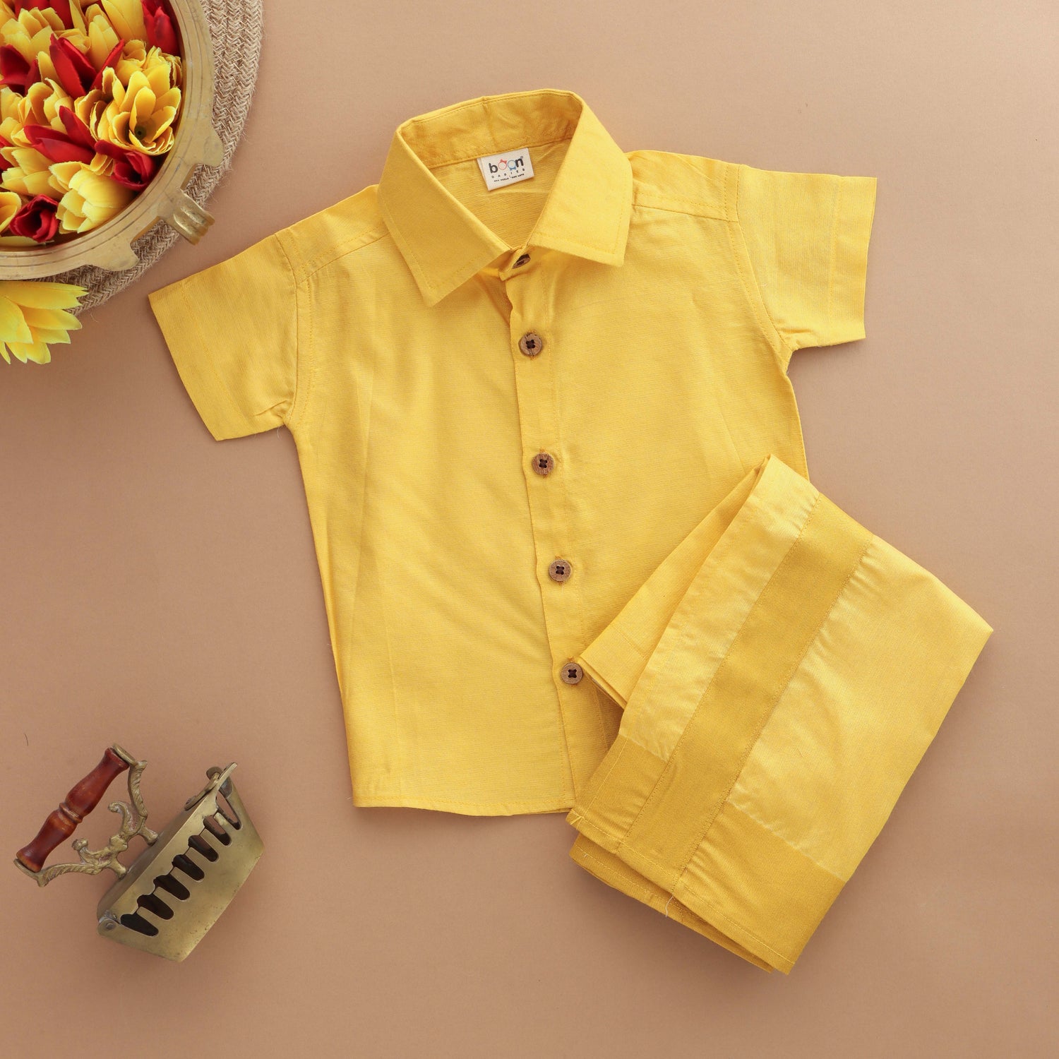 Bright Aura: Boys Ethnic Dhoti and Shirt Set in Glowing Yellow