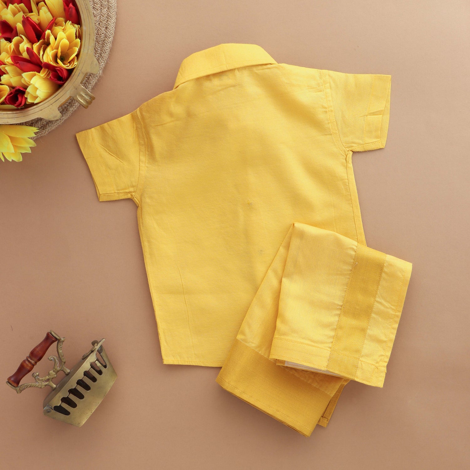 Bright Aura: Boys Ethnic Dhoti and Shirt Set in Glowing Yellow