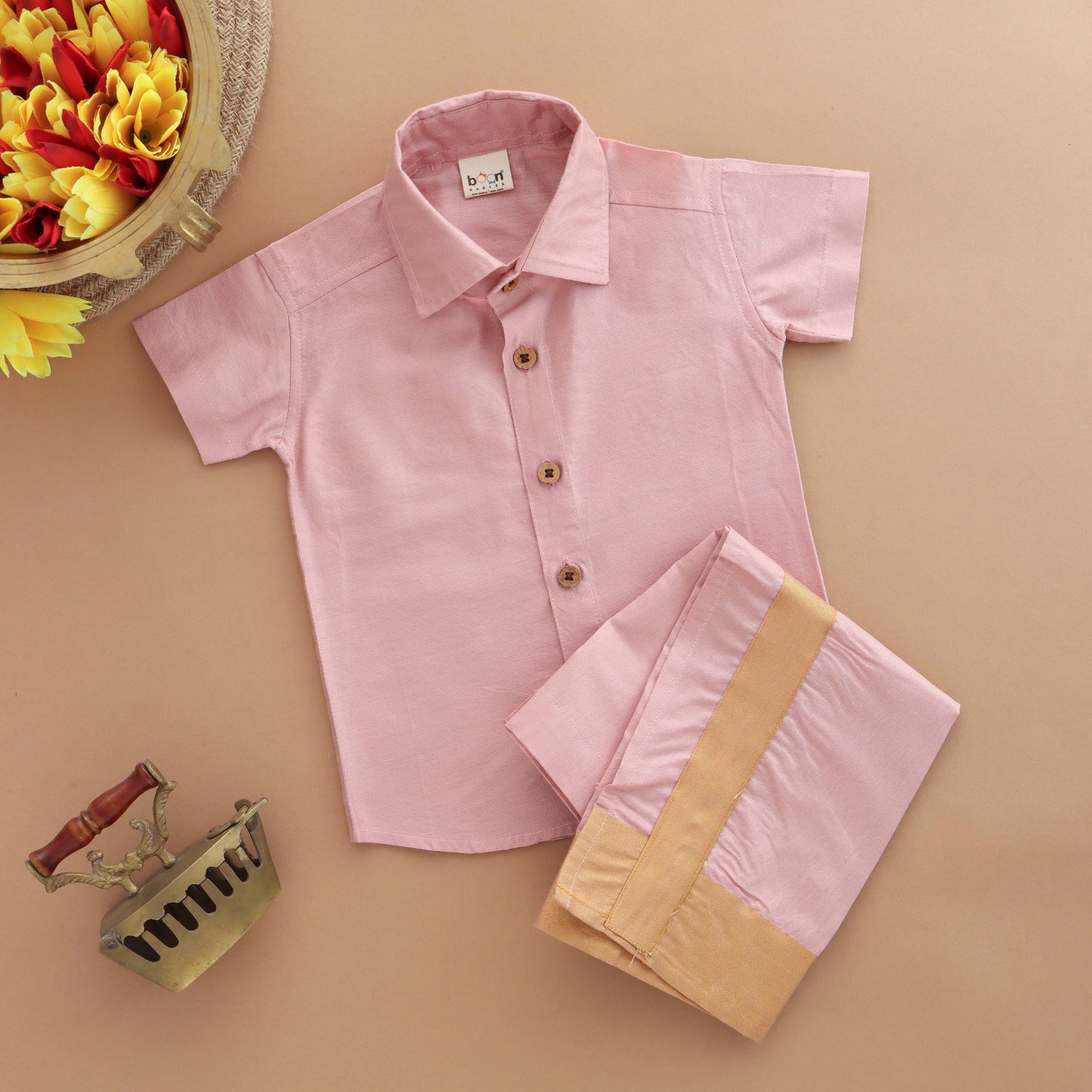 Pink Delight: Boys Ethnic Shirt and Dhoti Ensemble