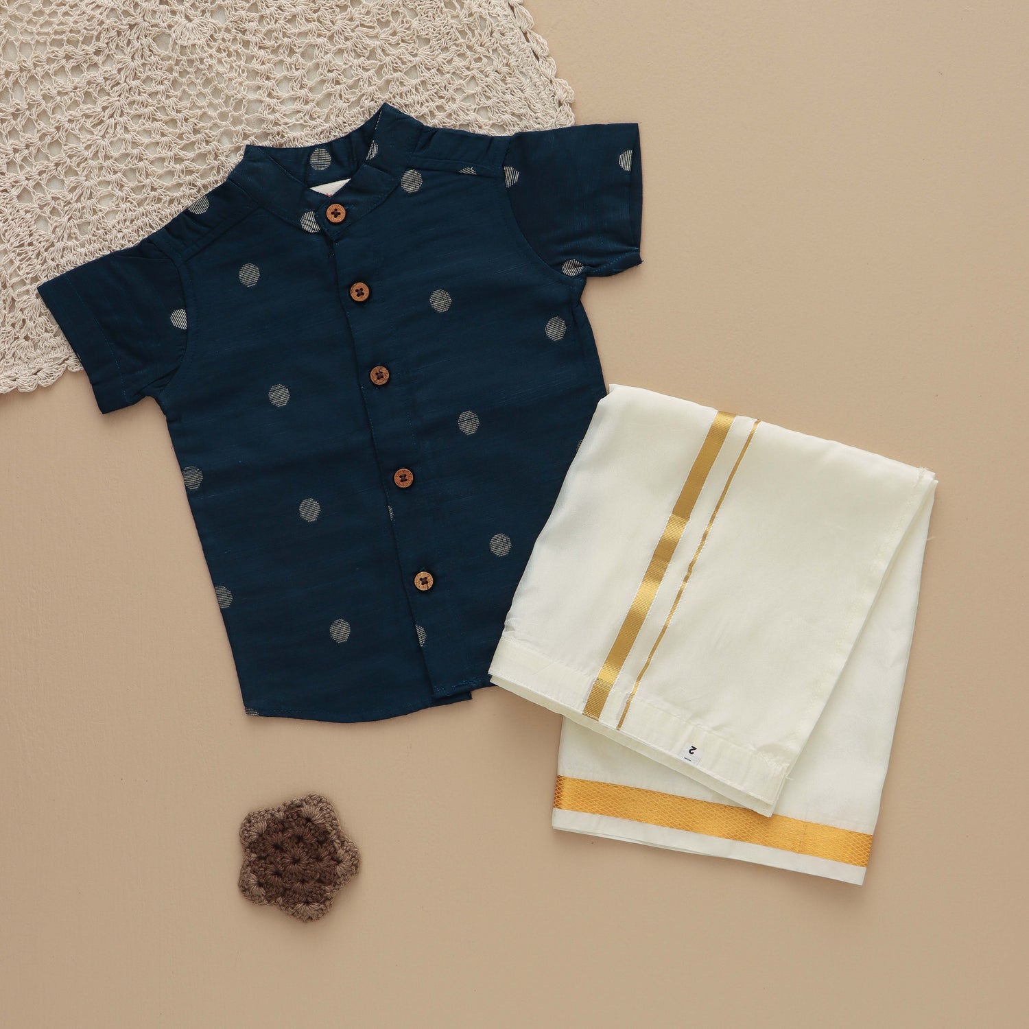 Classic Navy: Boys Silk Shirt with Gold Polka Dot Detailing