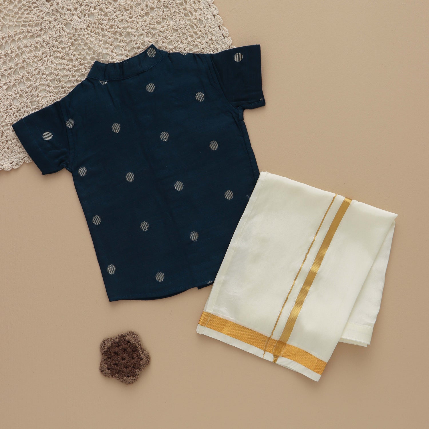 Classic Navy: Boys Silk Shirt with Gold Polka Dot Detailing