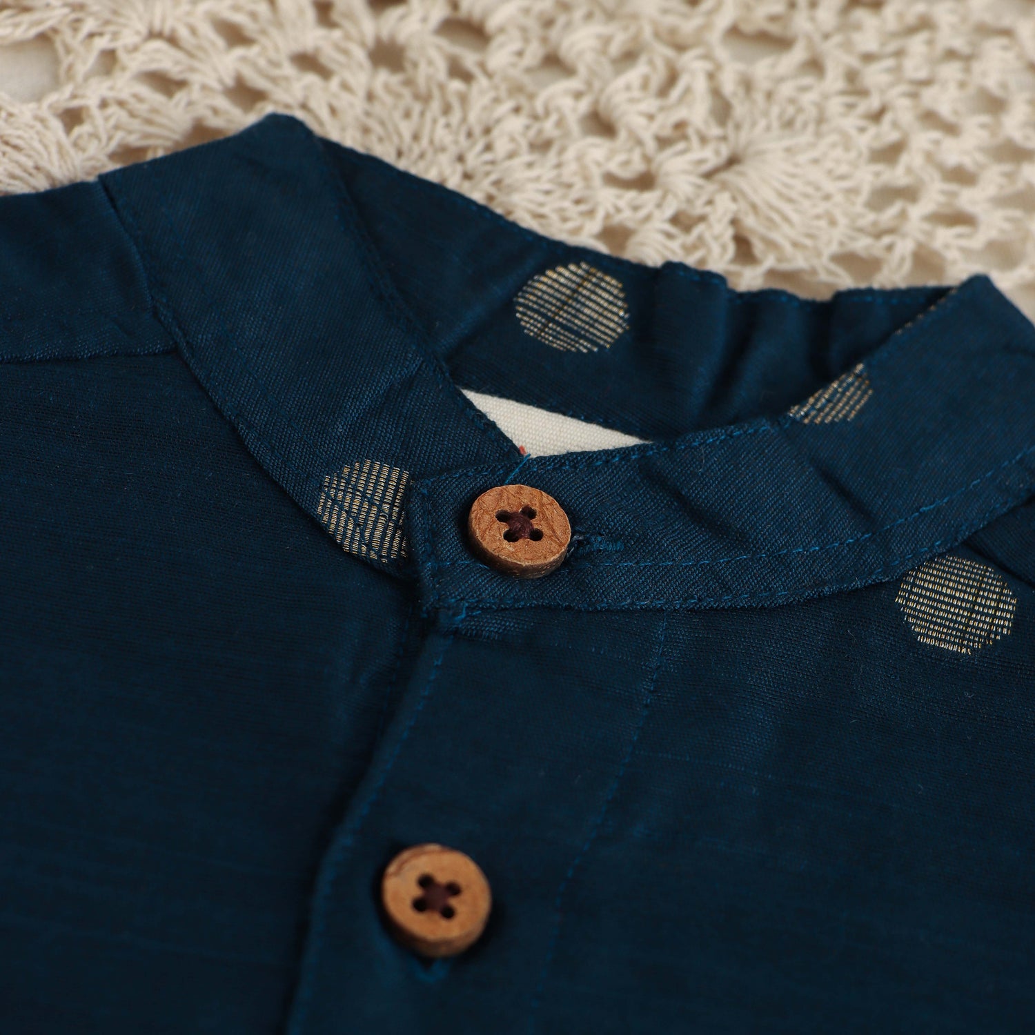 Classic Navy: Boys Silk Shirt with Gold Polka Dot Detailing