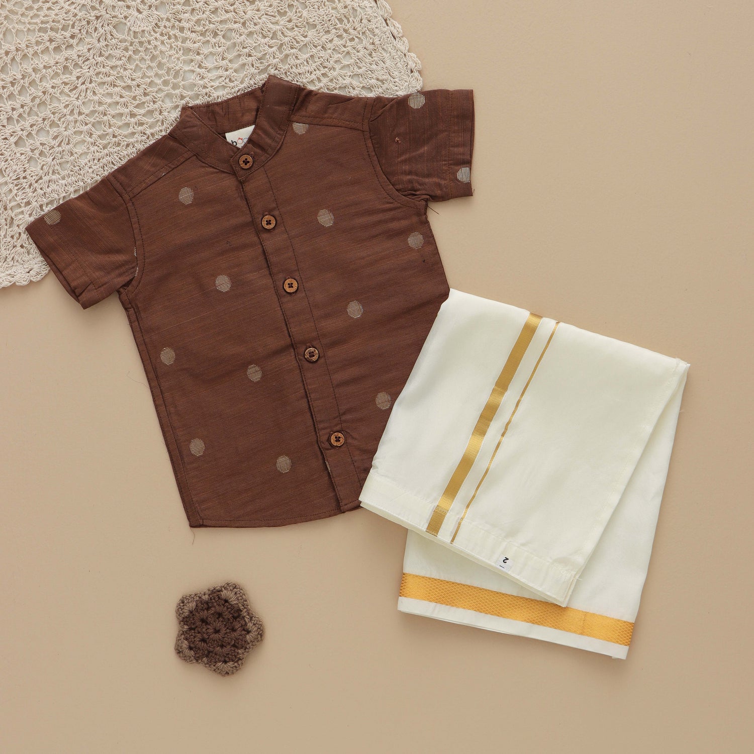 Bronze Elegance: Boys Brown Silk Shirt with Golden Accents