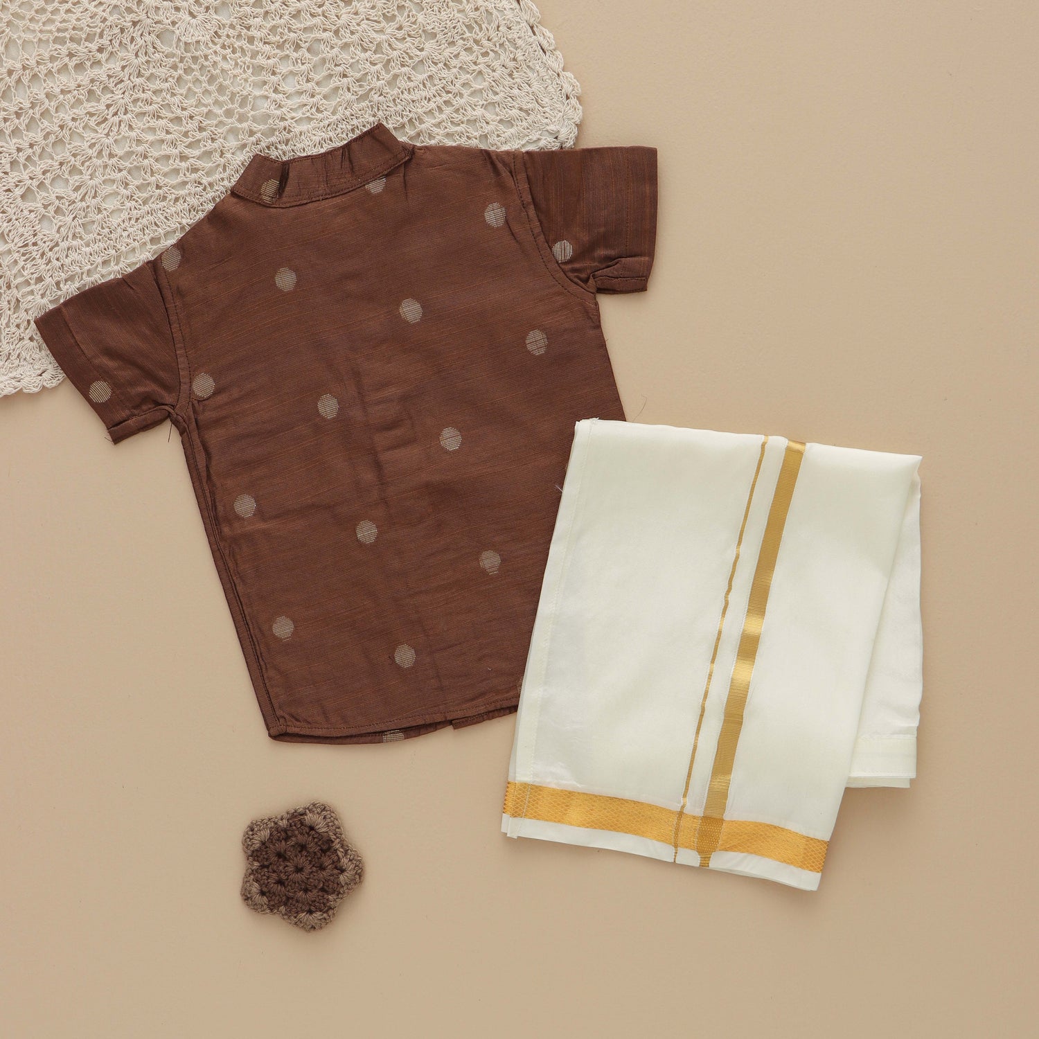 Bronze Elegance: Boys Brown Silk Shirt with Golden Accents