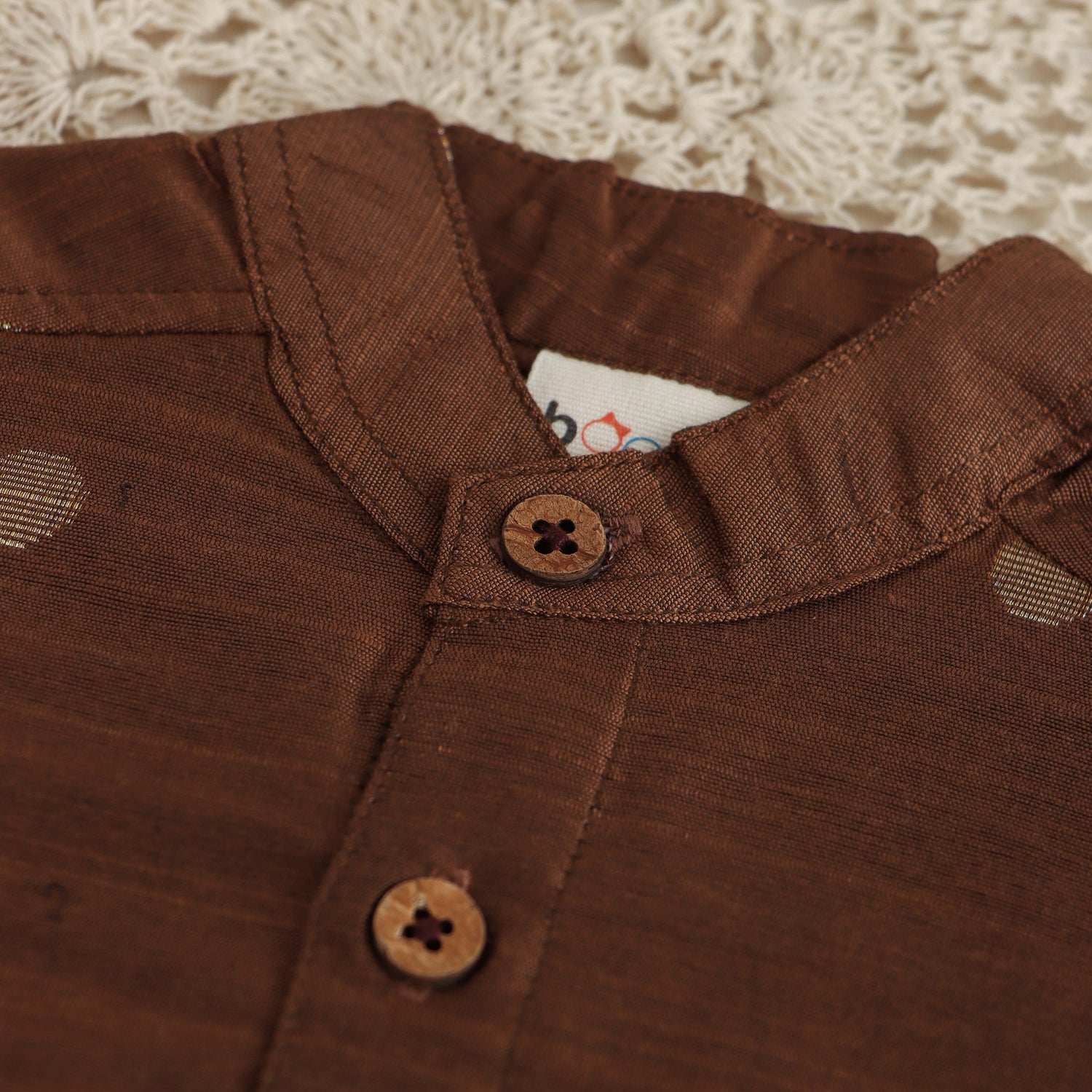 Bronze Elegance: Boys Brown Silk Shirt with Golden Accents