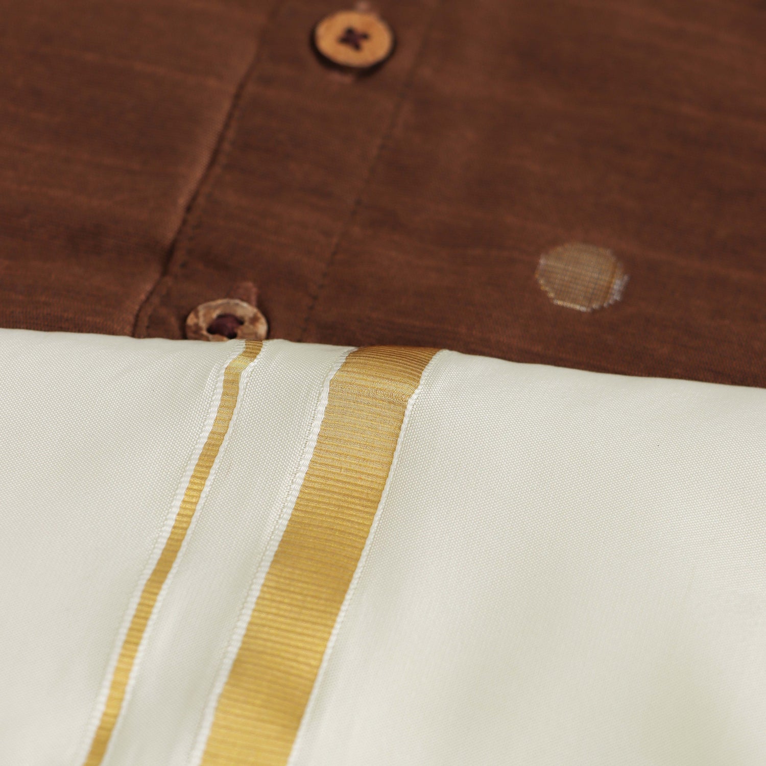 Bronze Elegance: Boys Brown Silk Shirt with Golden Accents