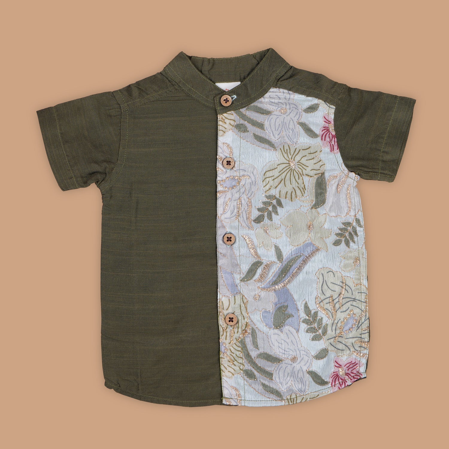 Elegant Olive Green Shirt – Floral Detailing