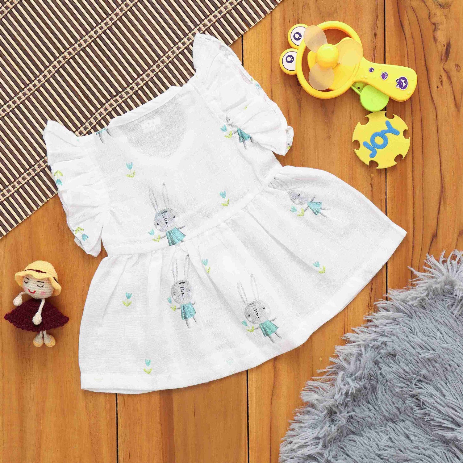 Charming Bunny Print Frilled Frock for Babies - Playful Elegance