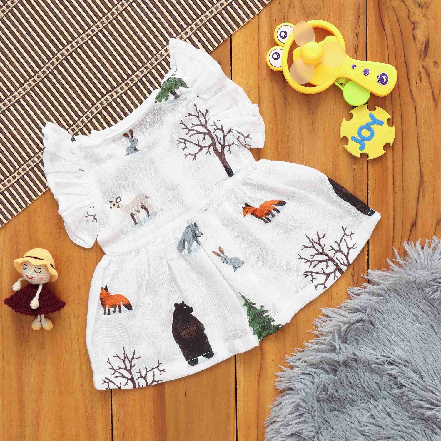 Dazzling Animal Printed Frilled Frock for Babies - Soft Muslin Comfort