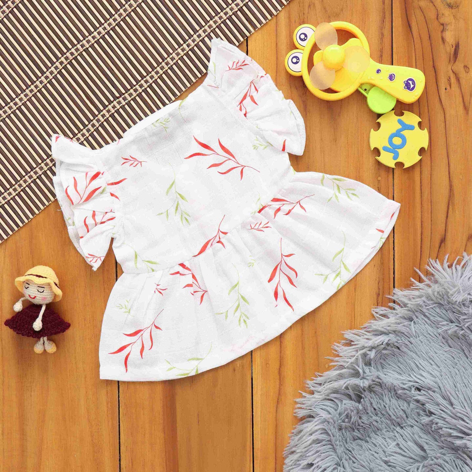 Pretty Leaf Printed Frilled Frock for Babies - Muslin Comfort