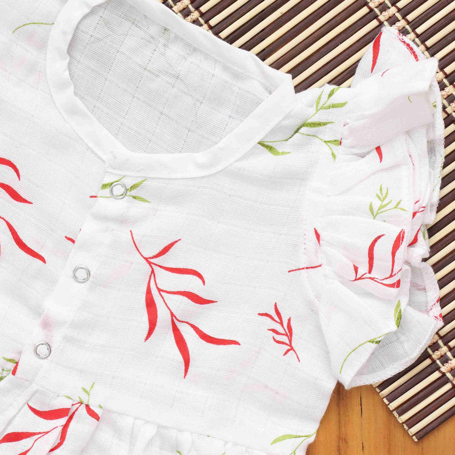 Pretty Leaf Printed Frilled Frock for Babies - Muslin Comfort