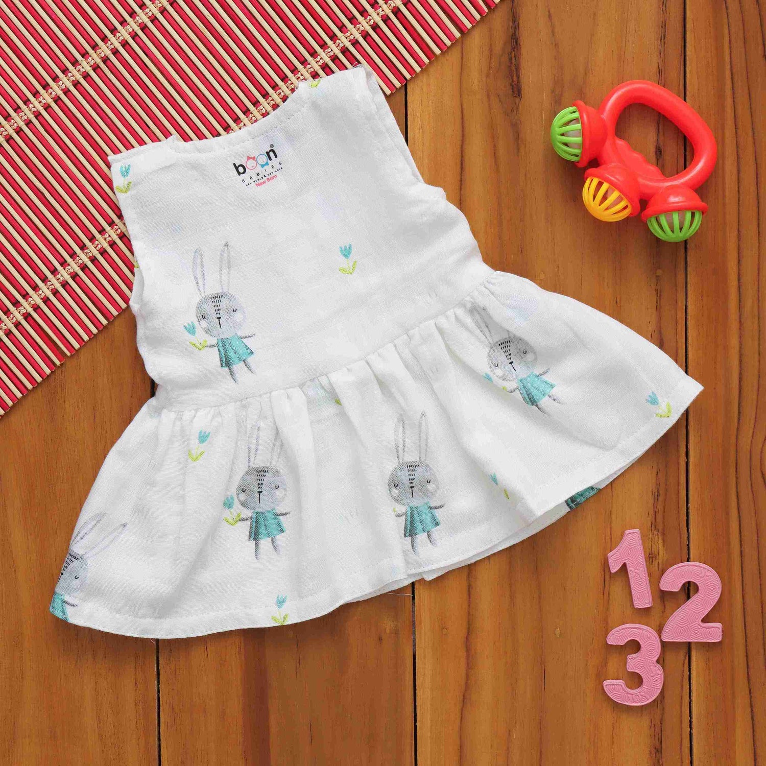 Adorable Bunny Printed White Frock for Babies - Whimsical Charm