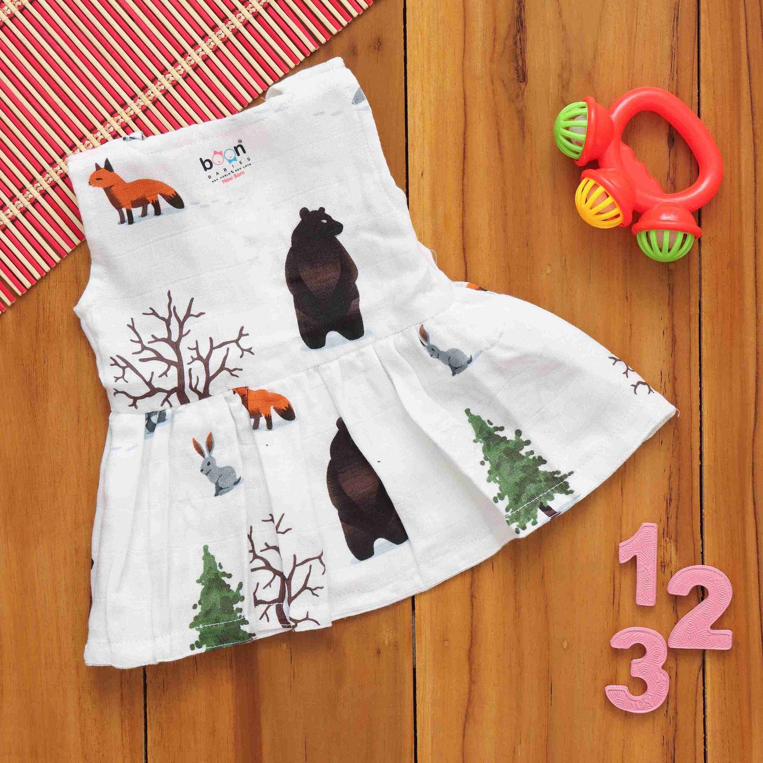 Whimsical Animal Printed Frilled Frock for Babies - Playful Elegance