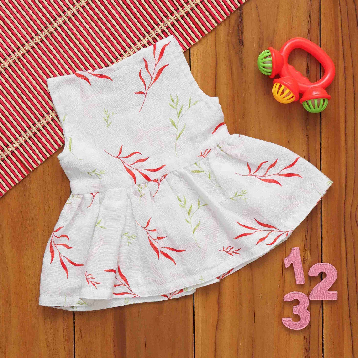 Enchanting Leaf Printed Frilled Frock for Babies - Nature's Delight