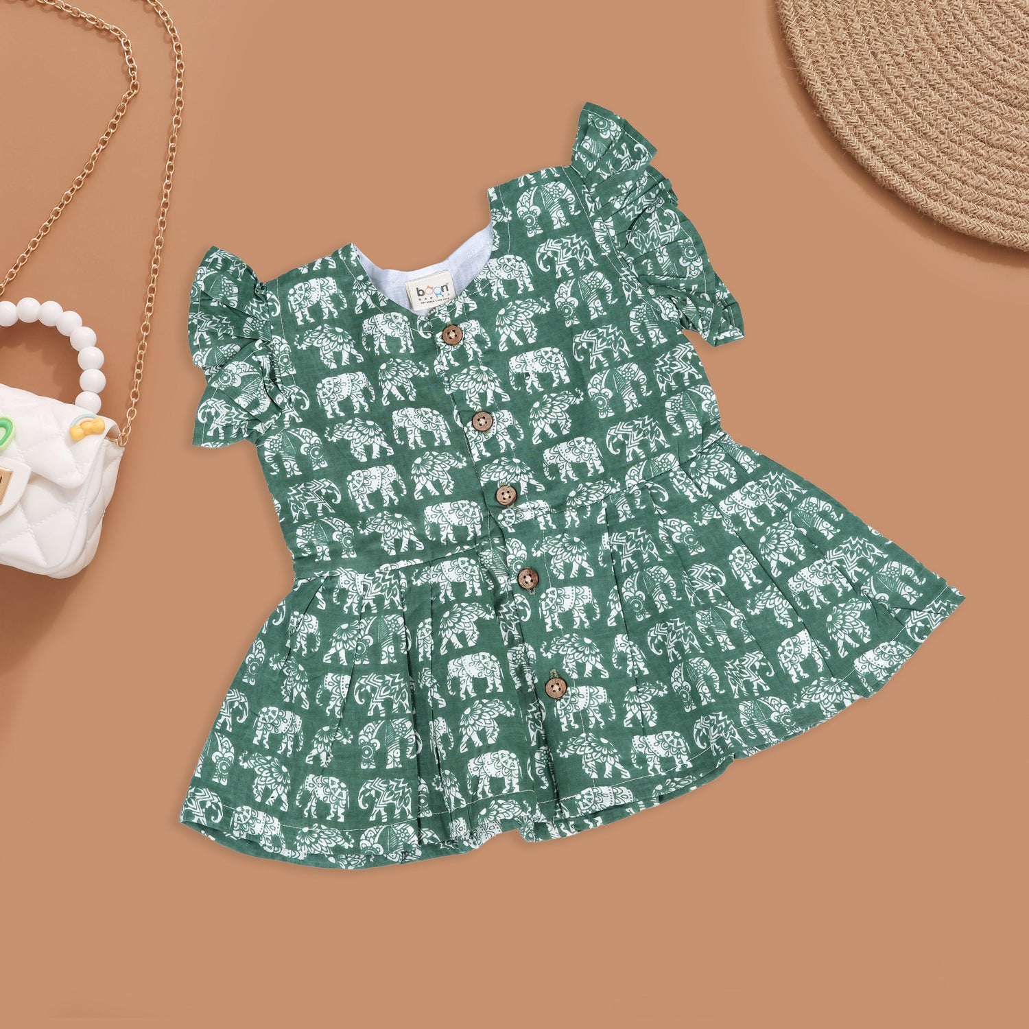 Green Safari Elephant Print Frock