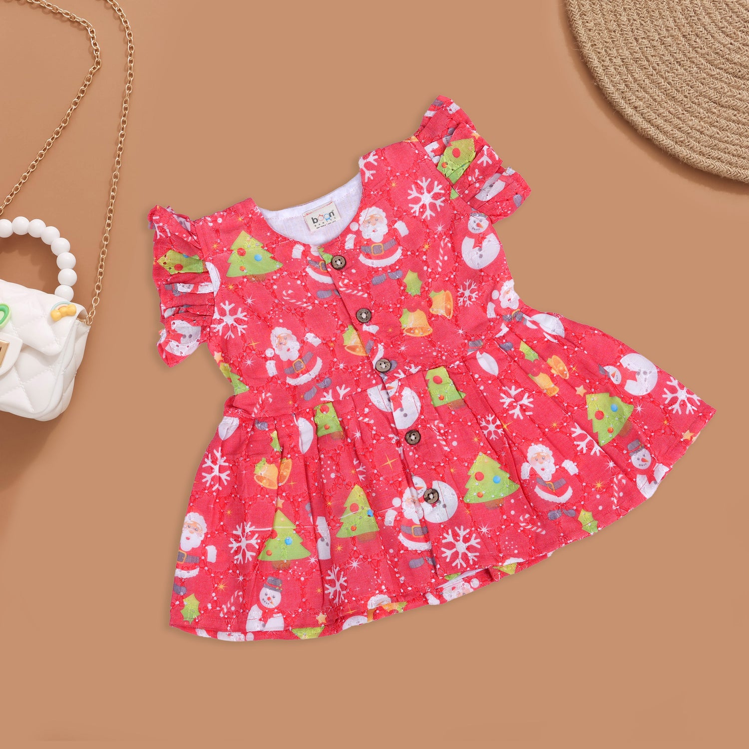 Bright Red Baby Frock with Festive Santa Prints