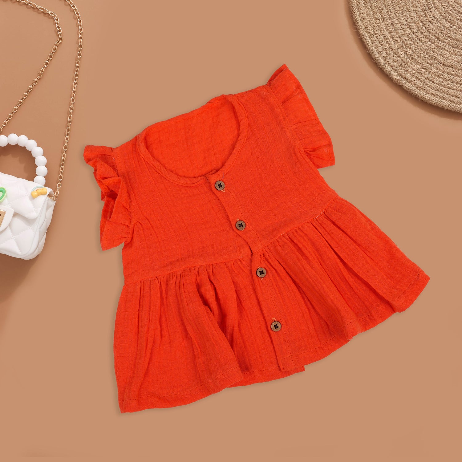 Bright Orange Muslin Ruffle Dress for Girls