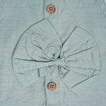 Mint green embroidered cotton top with cream skirt, elastic waist and lining – elegant Kerala-style ethnic wear for girls aged 1–5 years.