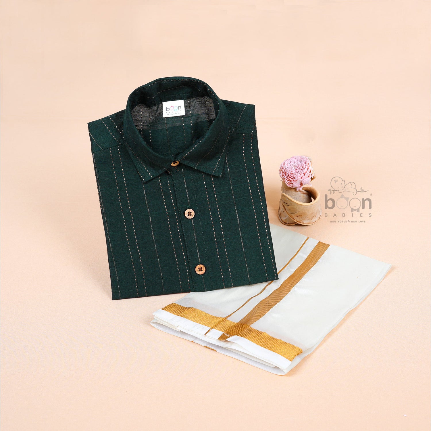 Dark green silk ethnic shirt and ivory dhoti set with gold border for boys aged 12M to 5Y – Boon Babies traditional festive babywear combo.