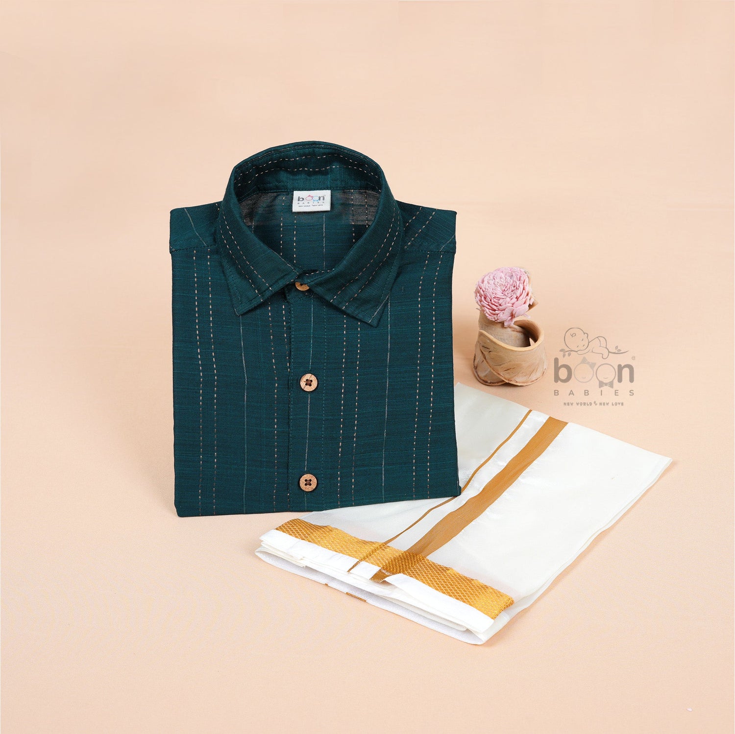 Deep teal silk ethnic shirt and ivory dhoti with golden border – traditional wear for boys aged 12 months to 5 years by Boon Babies.
