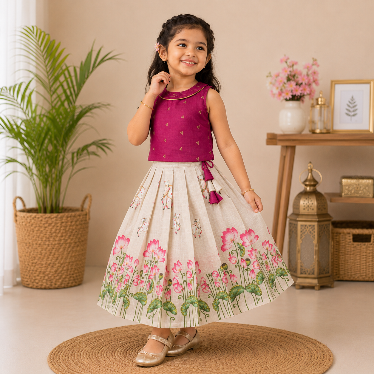 Girls Raw Silk Lotus Skirt Set