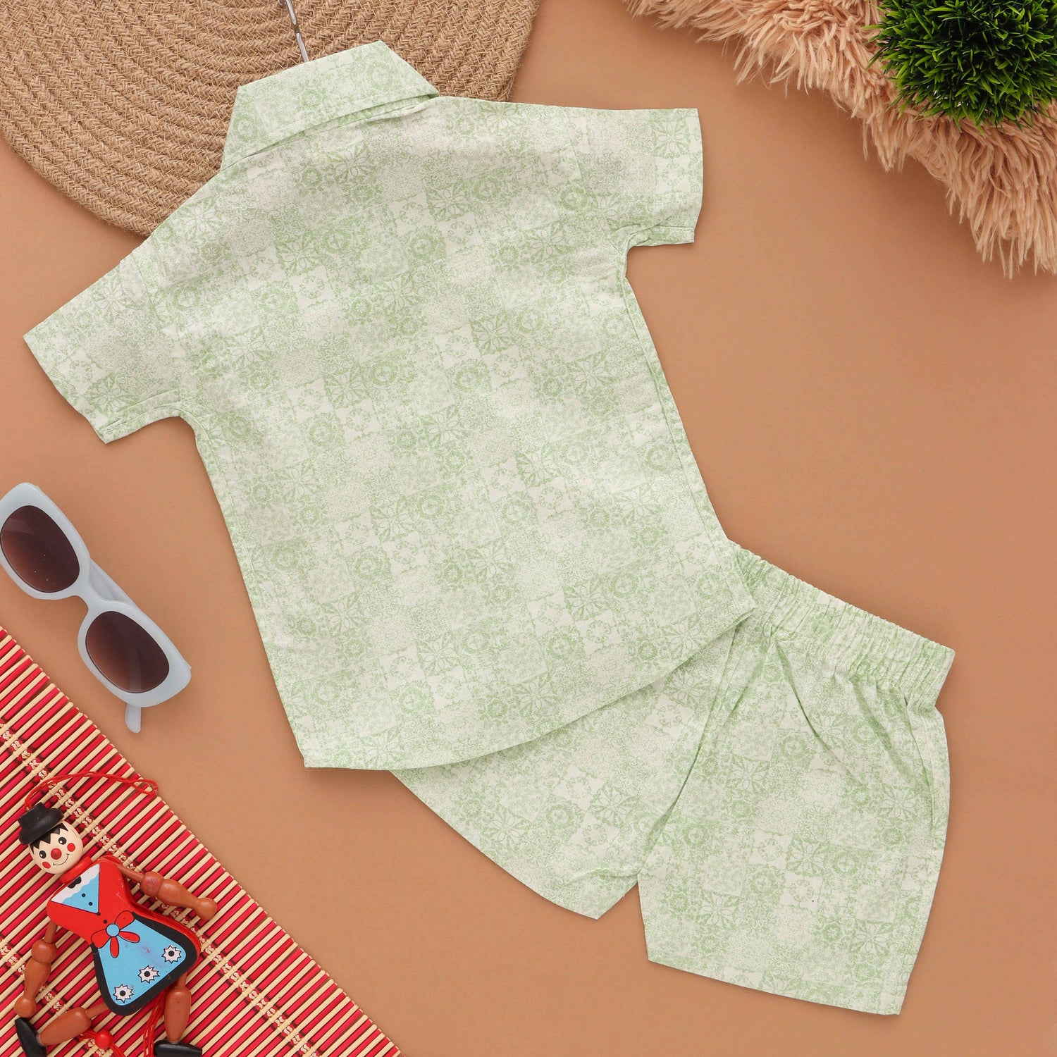 Patterned Play: Floral Tile Print Boys' Shirt and Coordinated Shorts