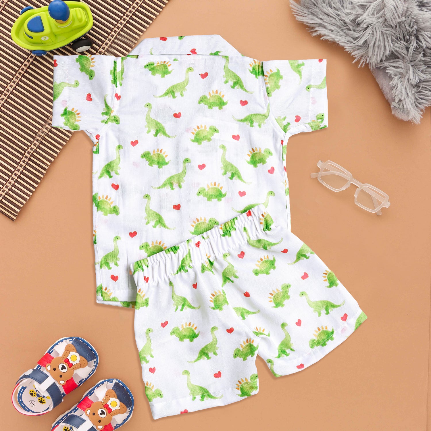 Green Dino Love Open-Collar Boys Shirt