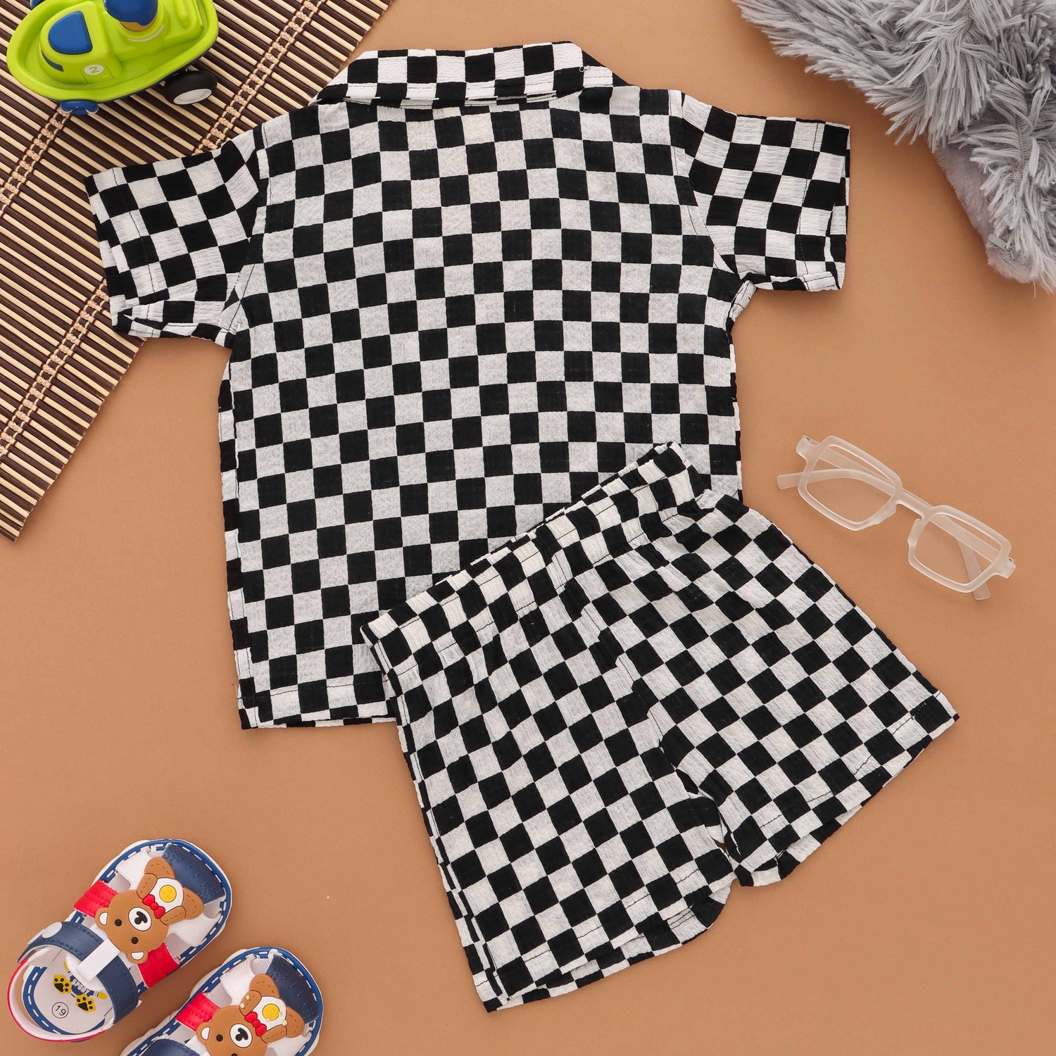 Classic Checks: Boys Open Collar Chessboard Print Shirt and Shorts