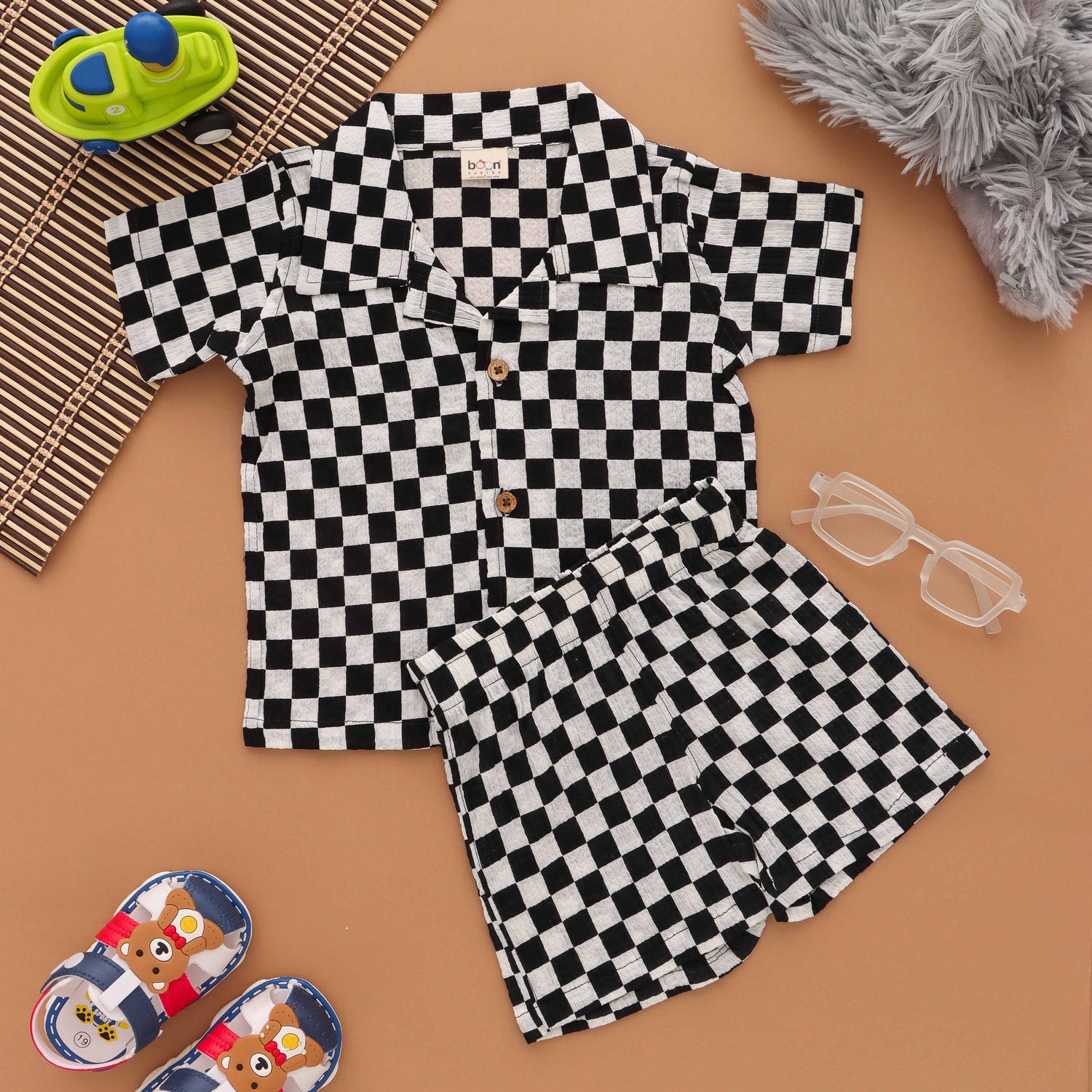 Classic Checks: Boys Open Collar Chessboard Print Shirt and Shorts