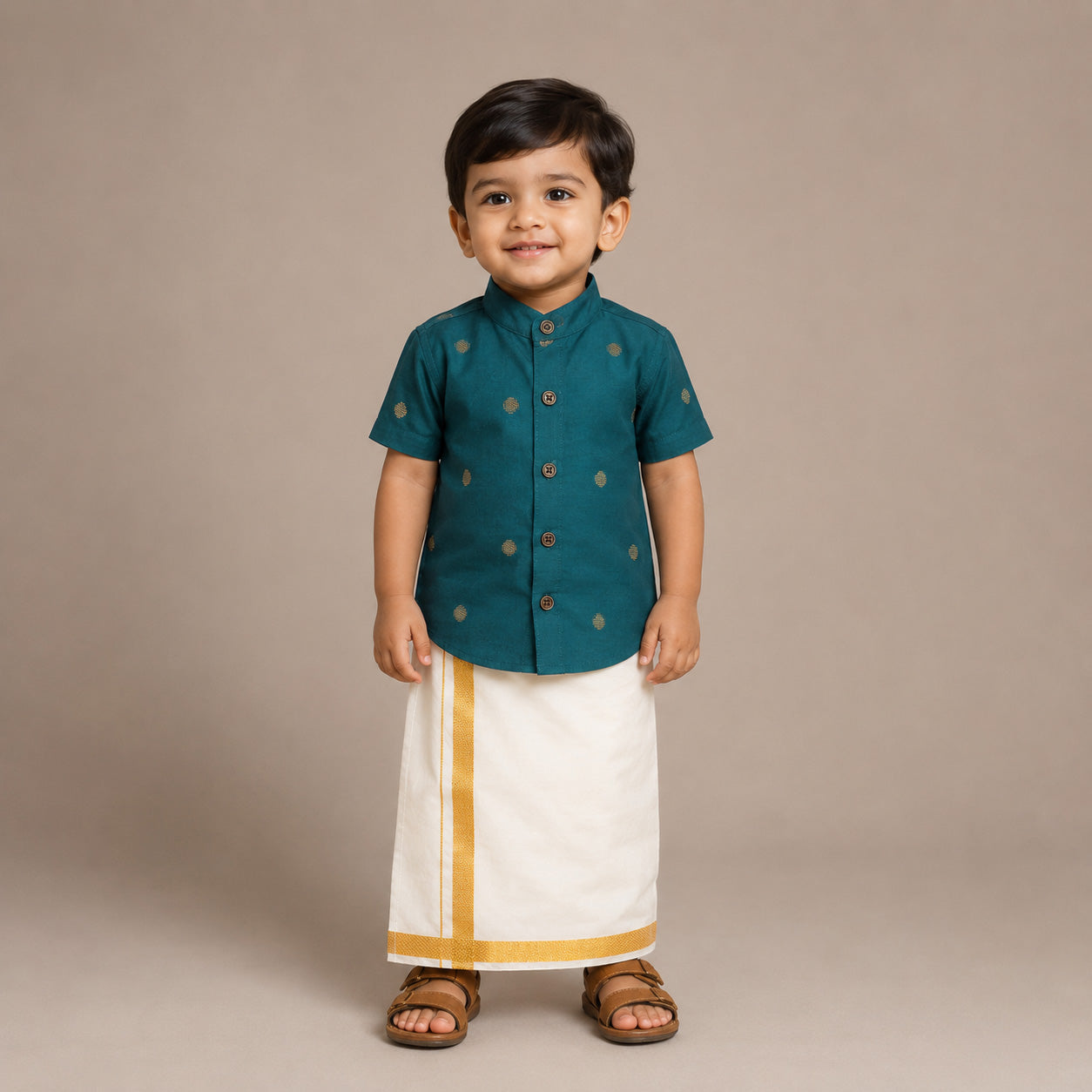 Teal Blue Boys Raw Silk Shirt & Art Silk Dhoti Set | Festive Ethnic Wear (6M–8Y)