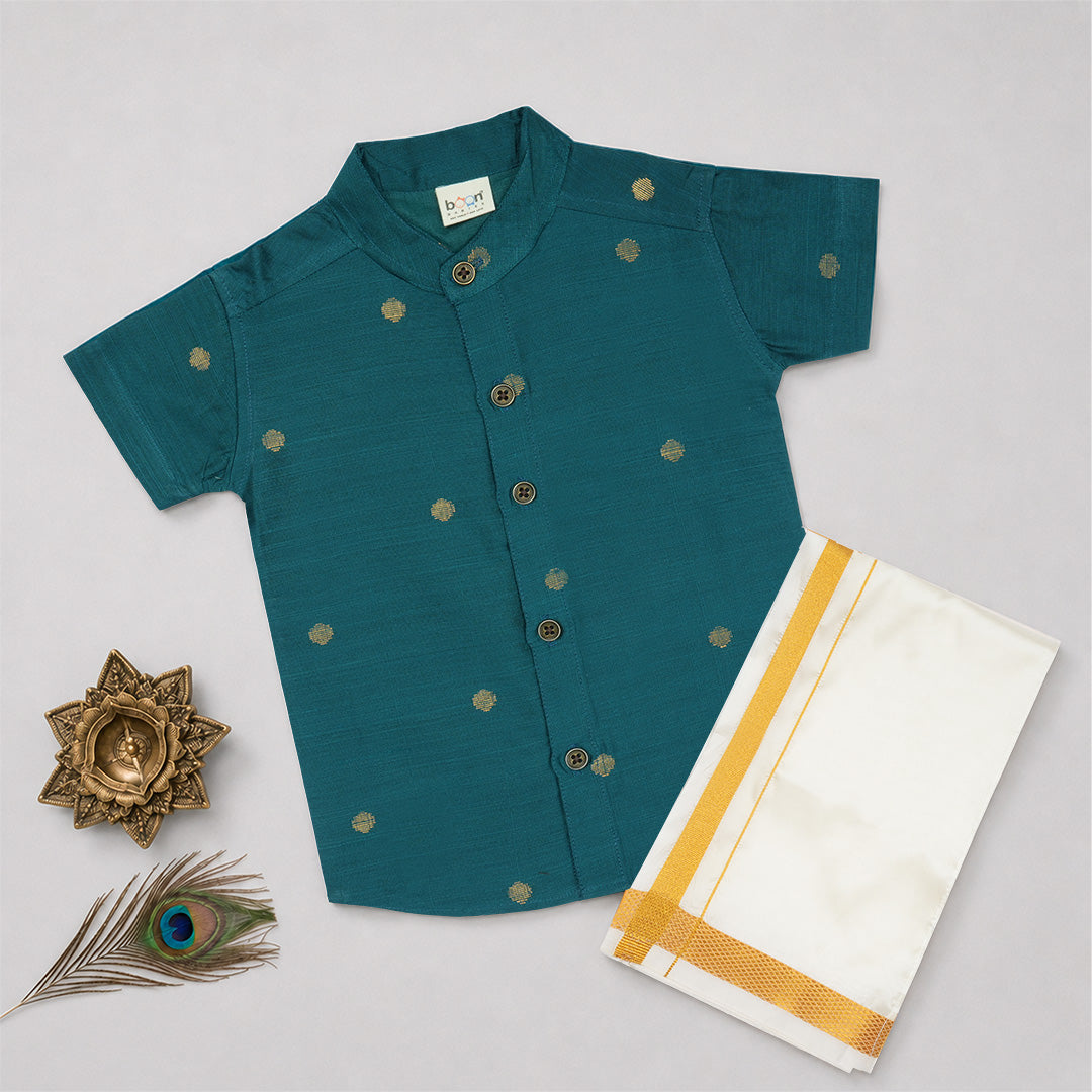 Teal Blue Boys Raw Silk Shirt & Art Silk Dhoti Set | Festive Ethnic Wear (6M–8Y)