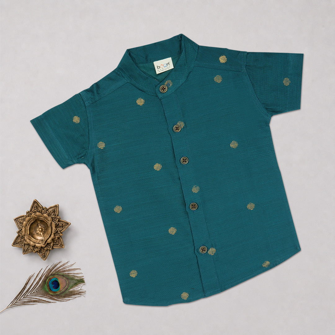 Teal Blue Boys Raw Silk Shirt & Art Silk Dhoti Set | Festive Ethnic Wear (6M–8Y)