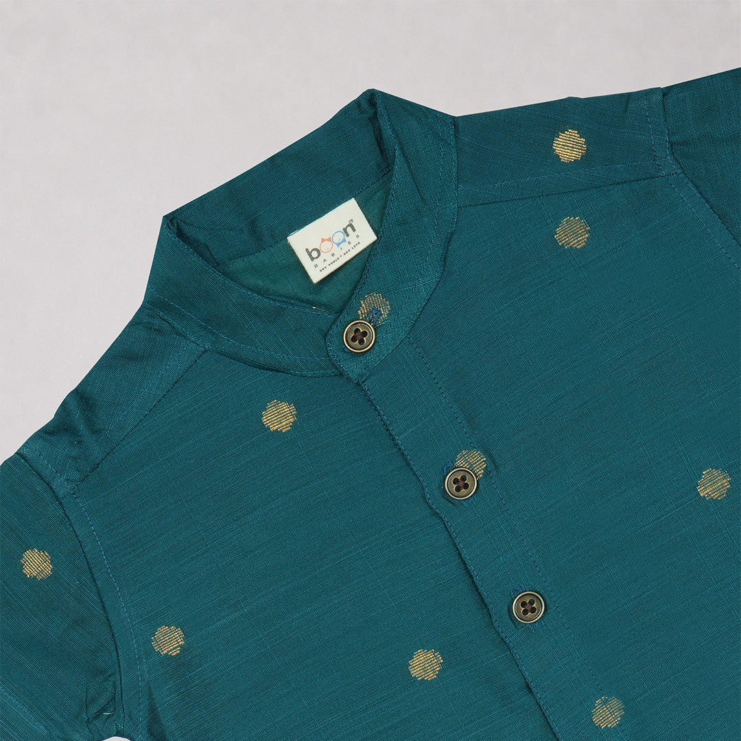 Teal Blue Boys Raw Silk Shirt & Art Silk Dhoti Set | Festive Ethnic Wear (6M–8Y)