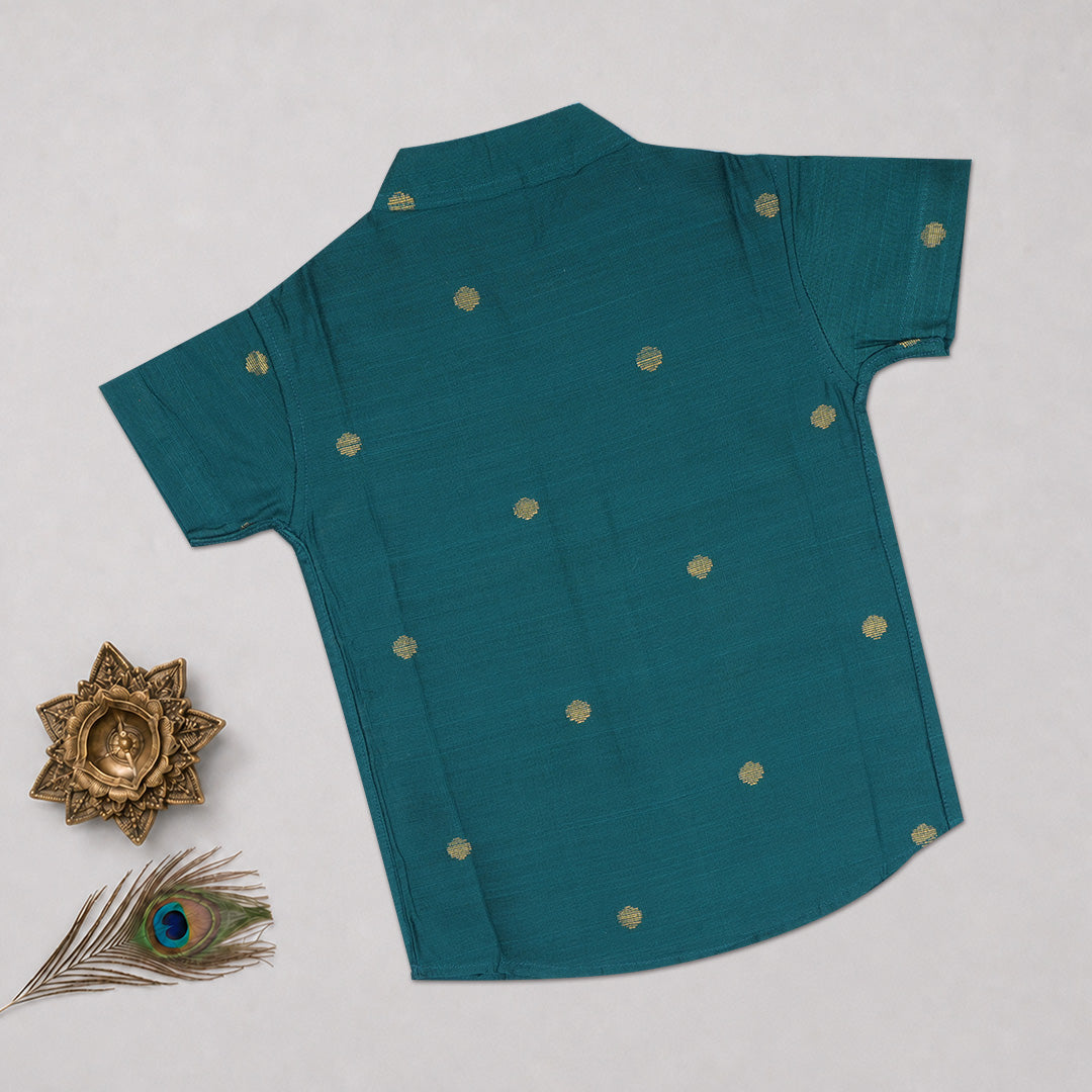 Teal Blue Boys Raw Silk Shirt & Art Silk Dhoti Set | Festive Ethnic Wear (6M–8Y)