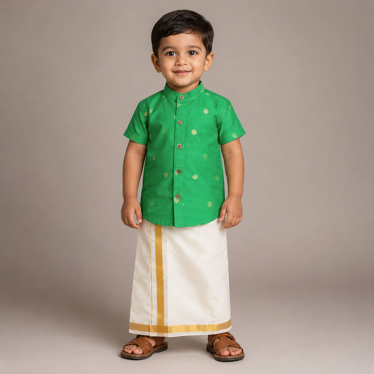 Emerald Green Boys Raw Silk Shirt & Art Silk Dhoti Set | Festive Ethnic Wear (6M–8Y)