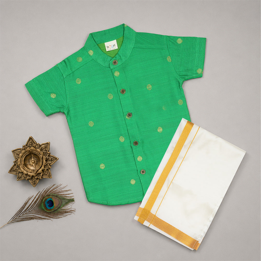 Emerald Green Boys Raw Silk Shirt & Art Silk Dhoti Set | Festive Ethnic Wear (6M–8Y)