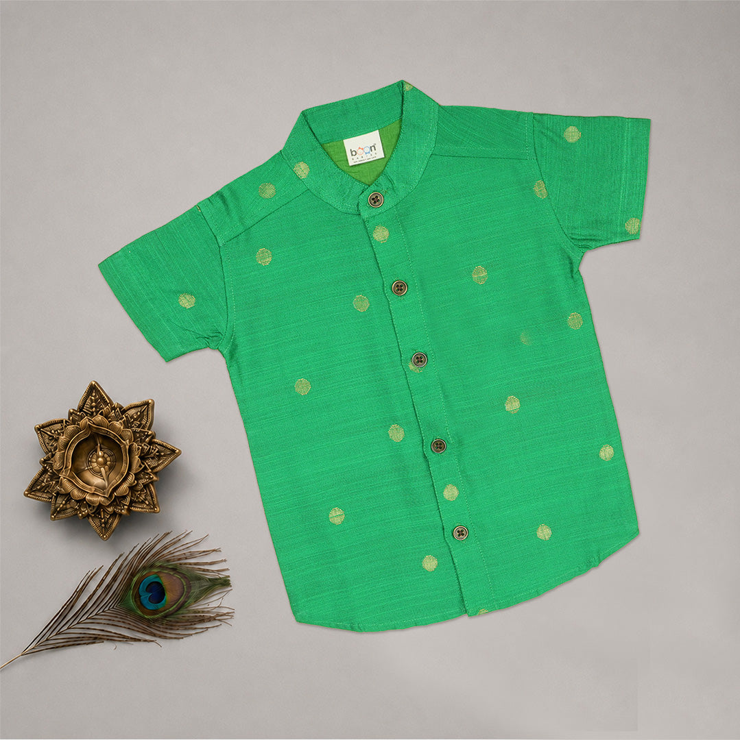 Emerald Green Boys Raw Silk Shirt & Art Silk Dhoti Set | Festive Ethnic Wear (6M–8Y)