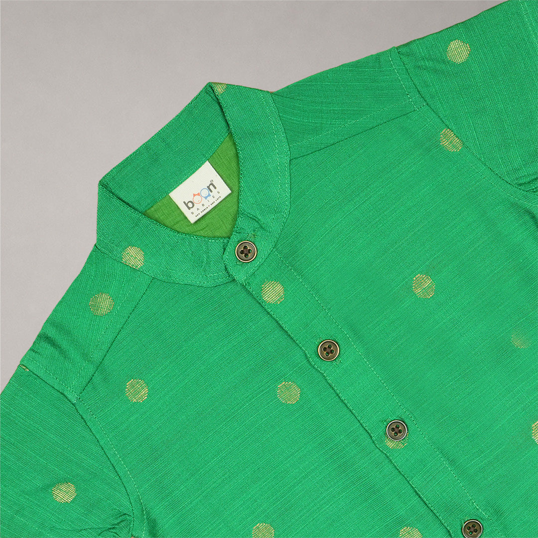 Emerald Green Boys Raw Silk Shirt & Art Silk Dhoti Set | Festive Ethnic Wear (6M–8Y)