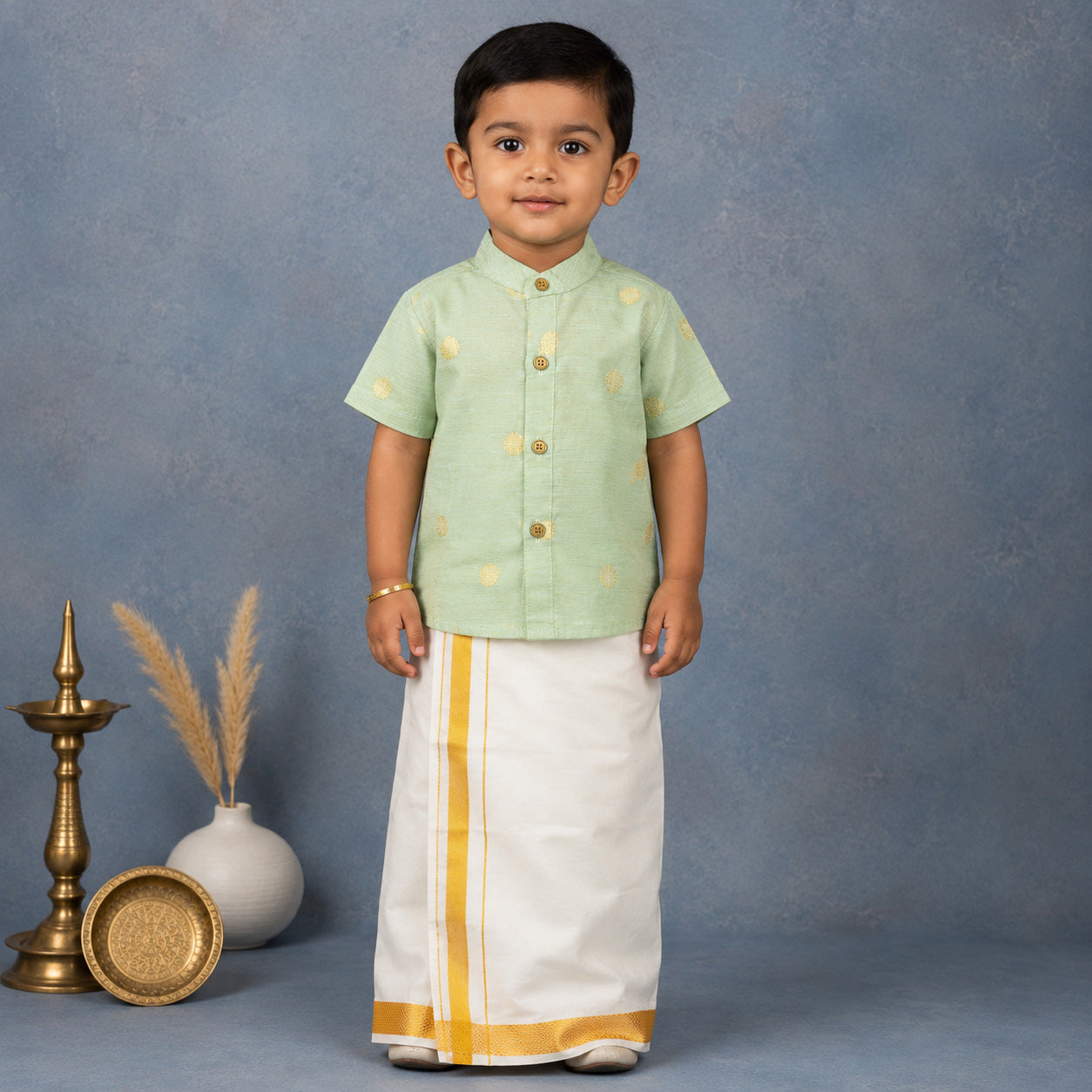 Mint Green Boys Raw Silk Shirt & Art Silk Dhoti Set | Festive Ethnic Wear (6M–8Y)