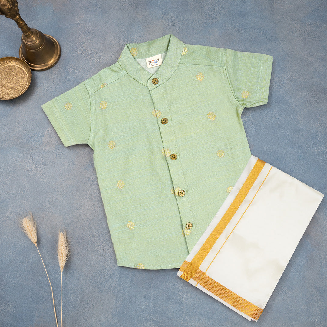 Mint Green Boys Raw Silk Shirt & Art Silk Dhoti Set | Festive Ethnic Wear (6M–8Y)