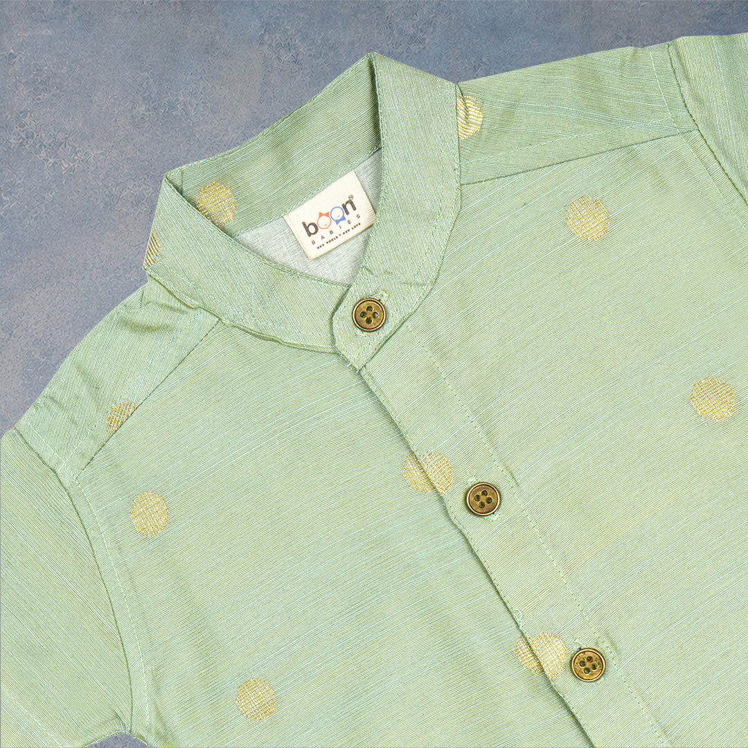 Mint Green Boys Raw Silk Shirt & Art Silk Dhoti Set | Festive Ethnic Wear (6M–8Y)