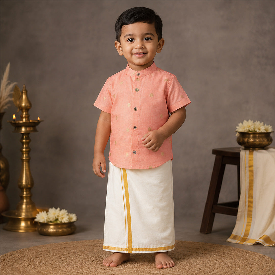 Peach Boys Raw Silk Shirt & Art Silk Dhoti Set | Festive Ethnic Wear (6M–8Y)