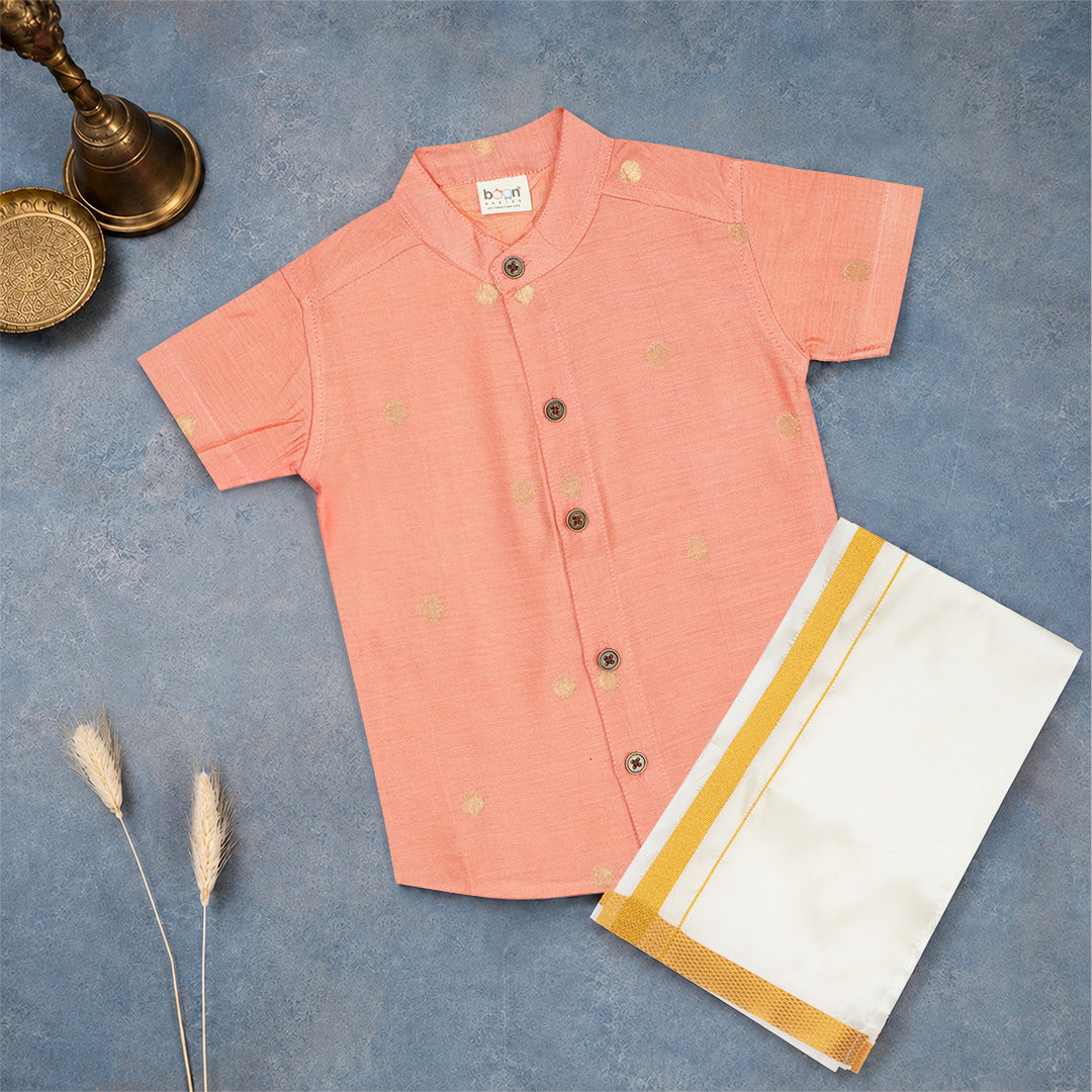 Peach Boys Raw Silk Shirt & Art Silk Dhoti Set | Festive Ethnic Wear (6M–8Y)