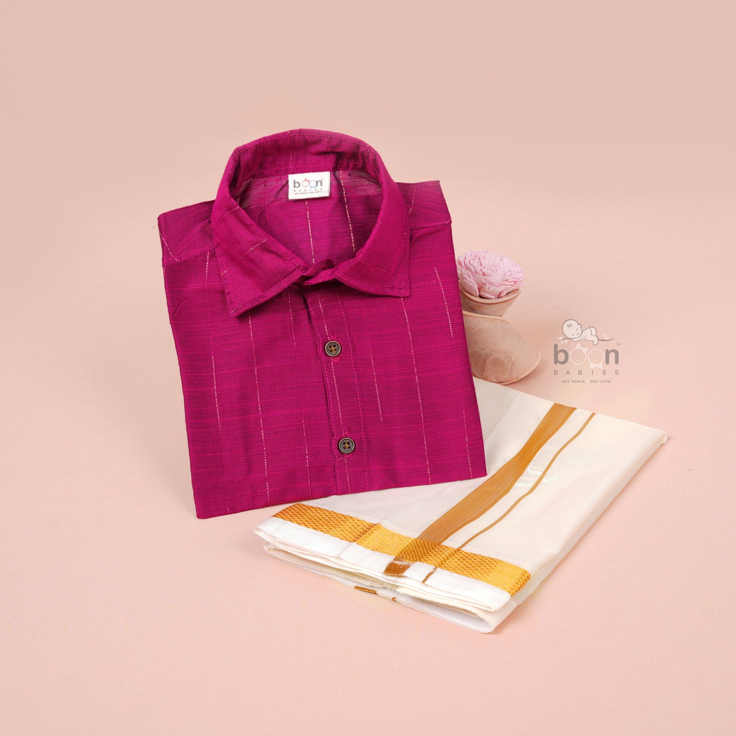 Rani Pink Silk Boys Ethnic Shirt & Dhoti Set – Festive & Vibrant Look