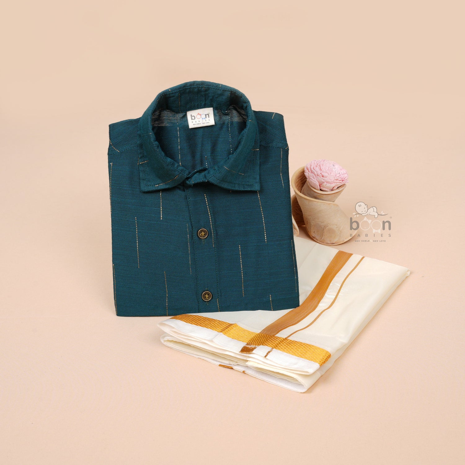 Teal Green Silk Boys Ethnic Shirt & Dhoti Set – Stylish & South Indian Traditional