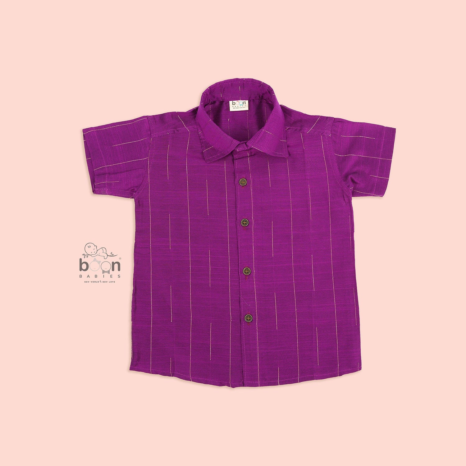 Boys royal purple silk shirt paired with white dhoti – festive ethnicwear for kids from Boon Babies, Coimbatore.