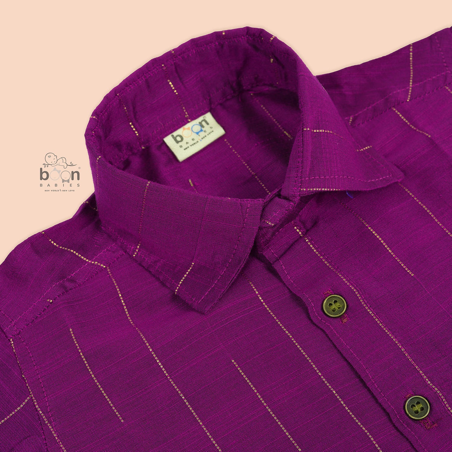 Boys royal purple silk shirt paired with white dhoti – festive ethnicwear for kids from Boon Babies, Coimbatore.