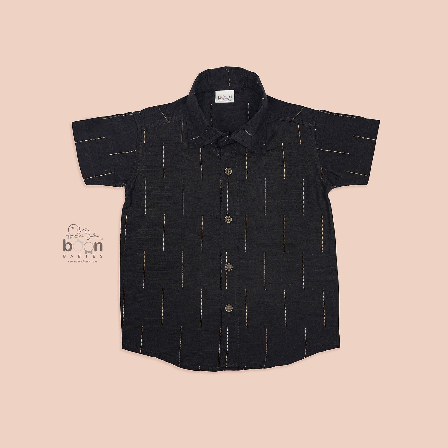 Black silk shirt for boys with vertical golden thread lines – Boon Babies ethnic festive wear for kids aged 12 months to 5 years.